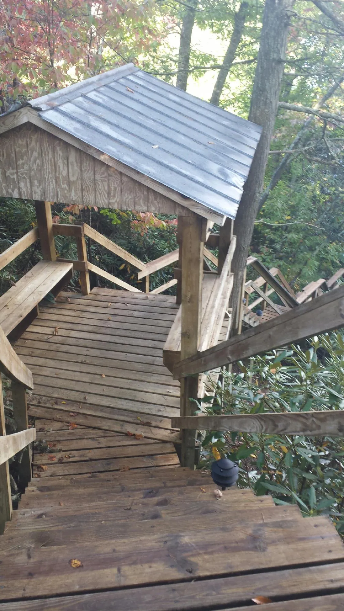 Metal roofed shelter over wooden steps on a wooded walkway — Skylight Repair & Installation work by our crew in Great Cacapon